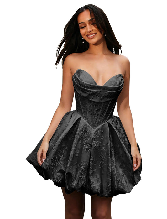Jacquard Satin Homecoming Dresses for Teens 2026 Sparkly Strapless Corset Short Puffy Prom Quinceanera Dresses