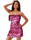 Women's Sequin Square Neck Homecoming Dresses for Teens Sparkly Spaghetti Straps Backless Cocktail Mini Dresses