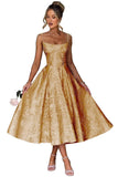 Jacquard Floral Satin Prom Dresses for Women 2026 Spaghetti Straps A-Line Midi Formal Evening Party Gown with Pockets
