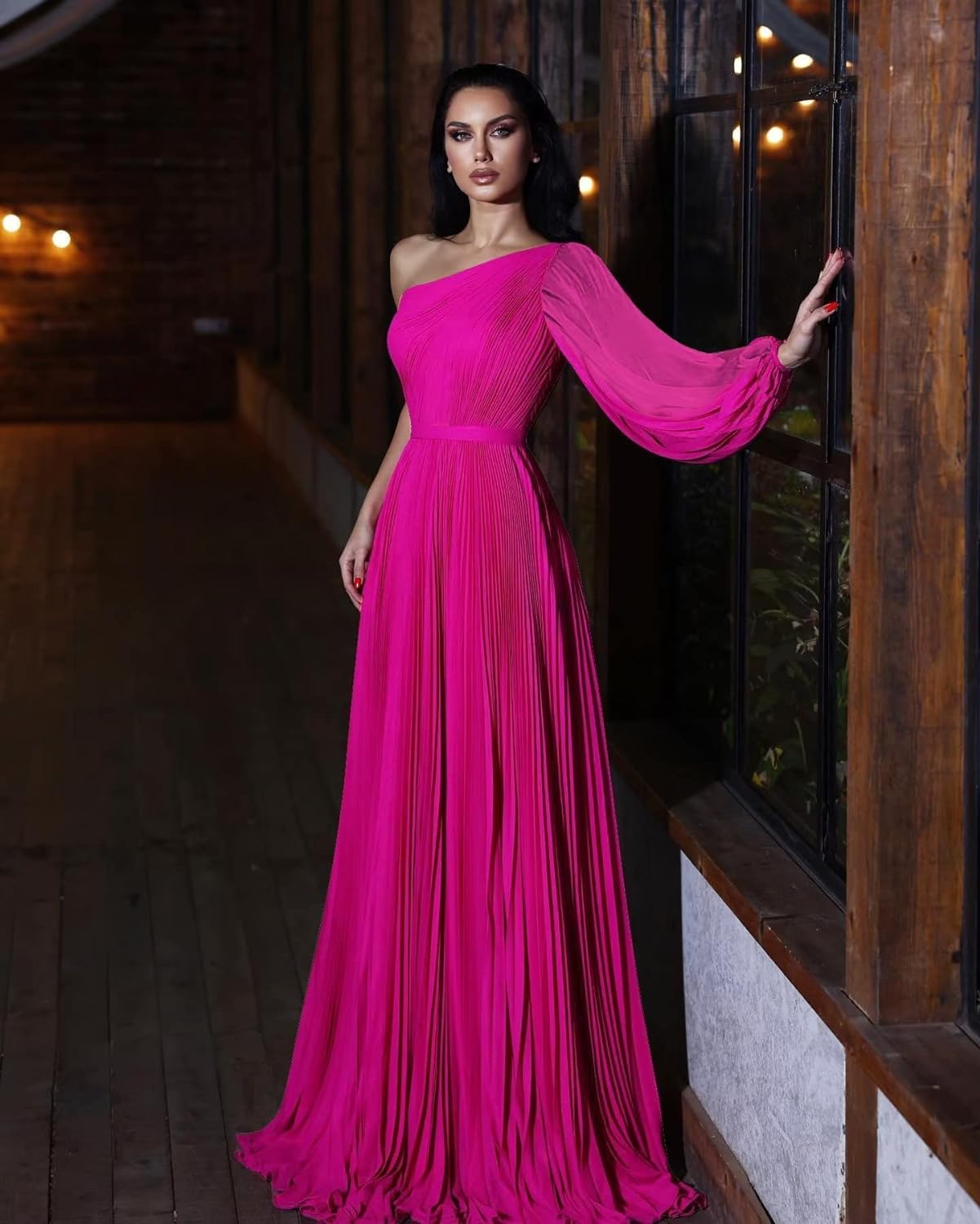 One Shoulder Mother of The Bride Dresses Long Sleeve Formal Dress Chiffon Evening Gowns for Women
