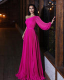 One Shoulder Mother of The Bride Dresses Long Sleeve Formal Dress Chiffon Evening Gowns for Women