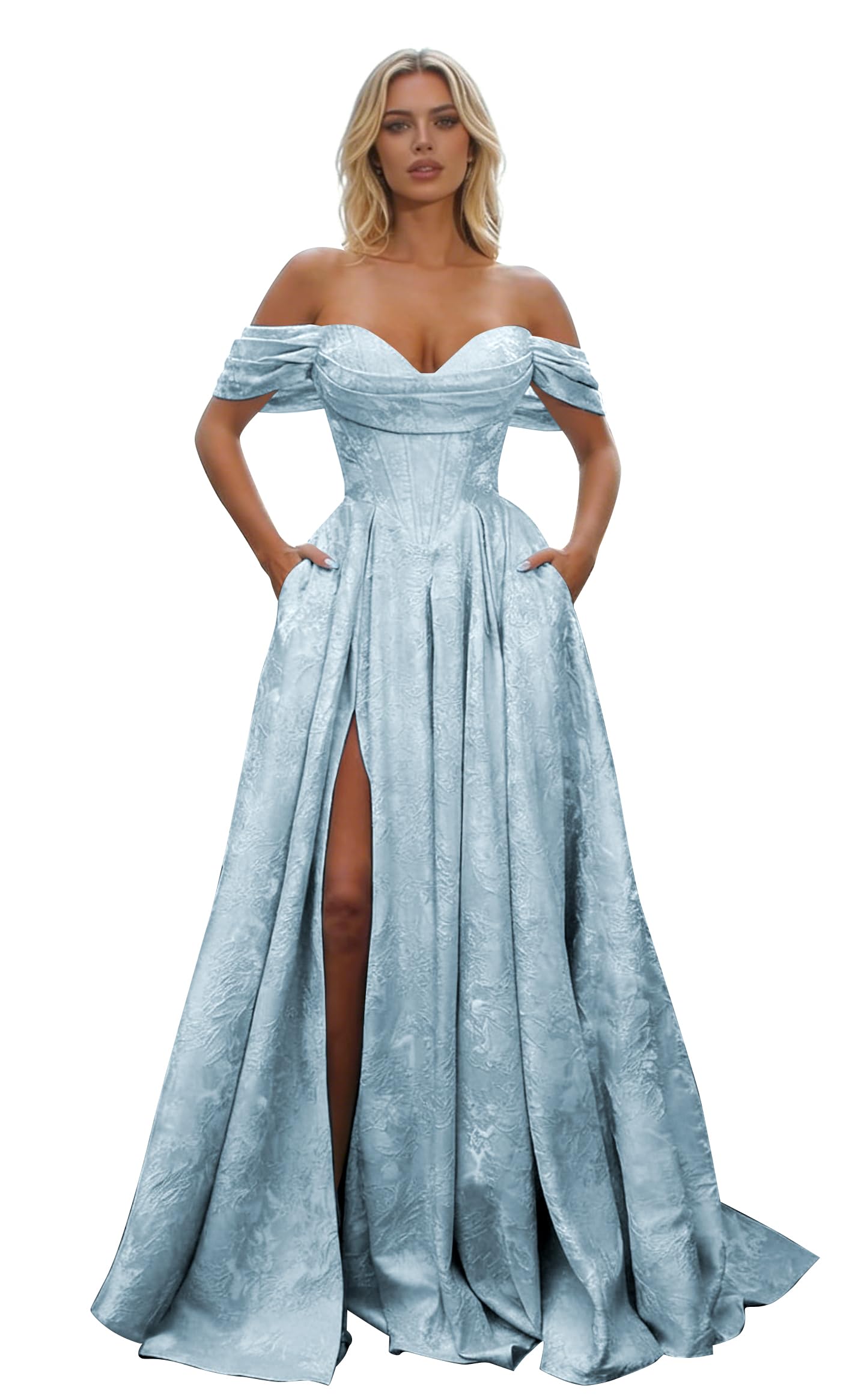 Off Shoulder Long Prom Dress 2026 Floral Satin A-Line Corset Ball Formal Evening Gown with Slit