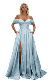 Off Shoulder Long Prom Dress 2026 Jacquard Floral Satin A-Line Corset Ball Gown with Slit Formal Evening Dresses
