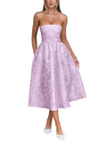 Satin Floral Jacquard Prom Dress for Women Strapless Corset Tea Length Formal Cocktail Evening Gowns
