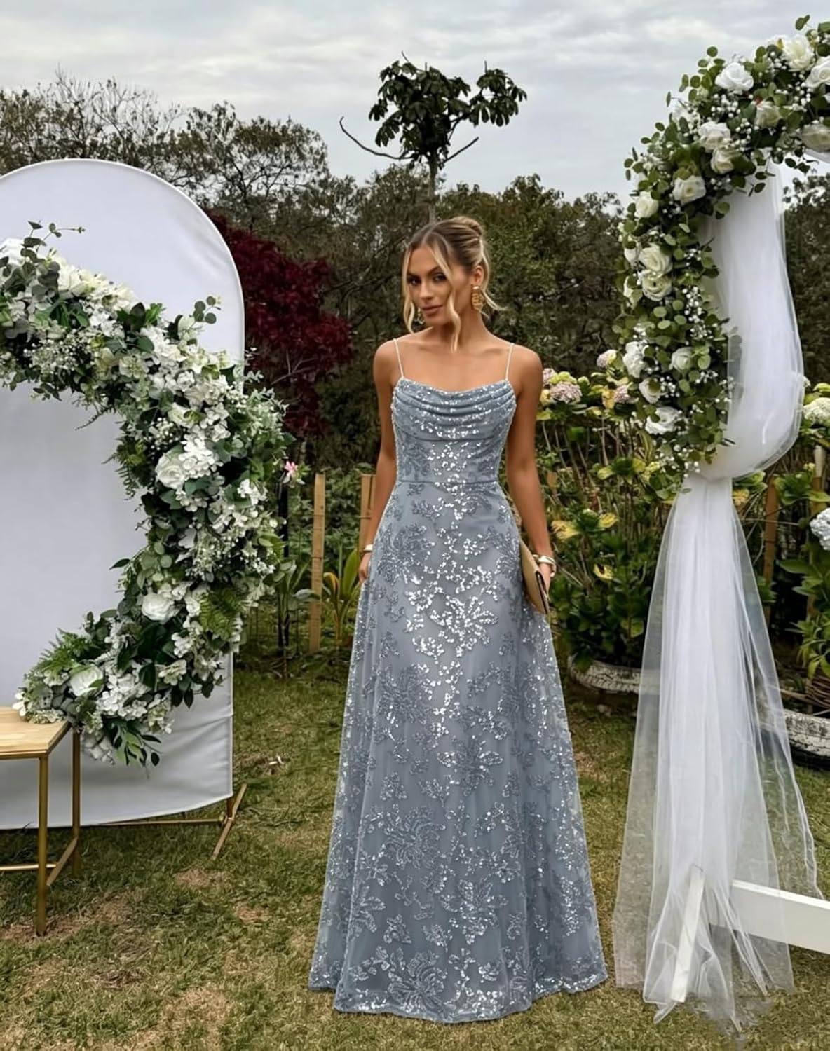 Lace Sequin Prom Dresses Spaghetti Straps A-Line Cowl Neck Pleated Sparkly Long Formal Evening Party Gowns