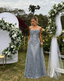 Lace Sequin Prom Dresses Spaghetti Straps A-Line Cowl Neck Pleated Sparkly Long Formal Evening Party Gowns