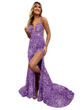 Sparkly Mermaid Sequin Prom Dresses for Women Long Spaghetti Straps V-Neck Formal Evening Party Gowns with Slit