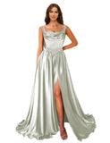 Cowl Neck Satin Prom Dresses Corset Ball Gown Long Puffy A-Line Formal Evening Gown with Slit
