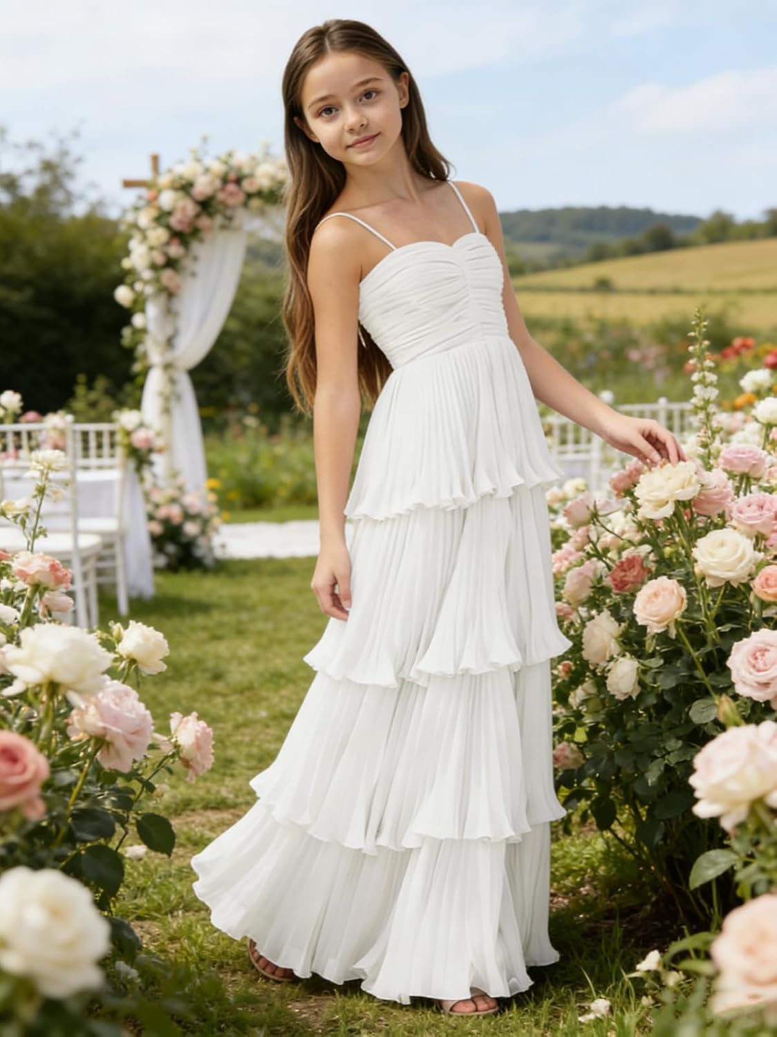 Chiffon Pleated Junior Bridesmaid Dress Princess Birthday Tiered Ruffle Prom Gown Wedding Long Flower Girl Dress