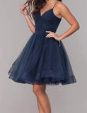 Short Homecoming Dresses Spaghetti Straps V Neck Glitter Tulle Ball Gown Short Prom Graduation Dress for Juniors