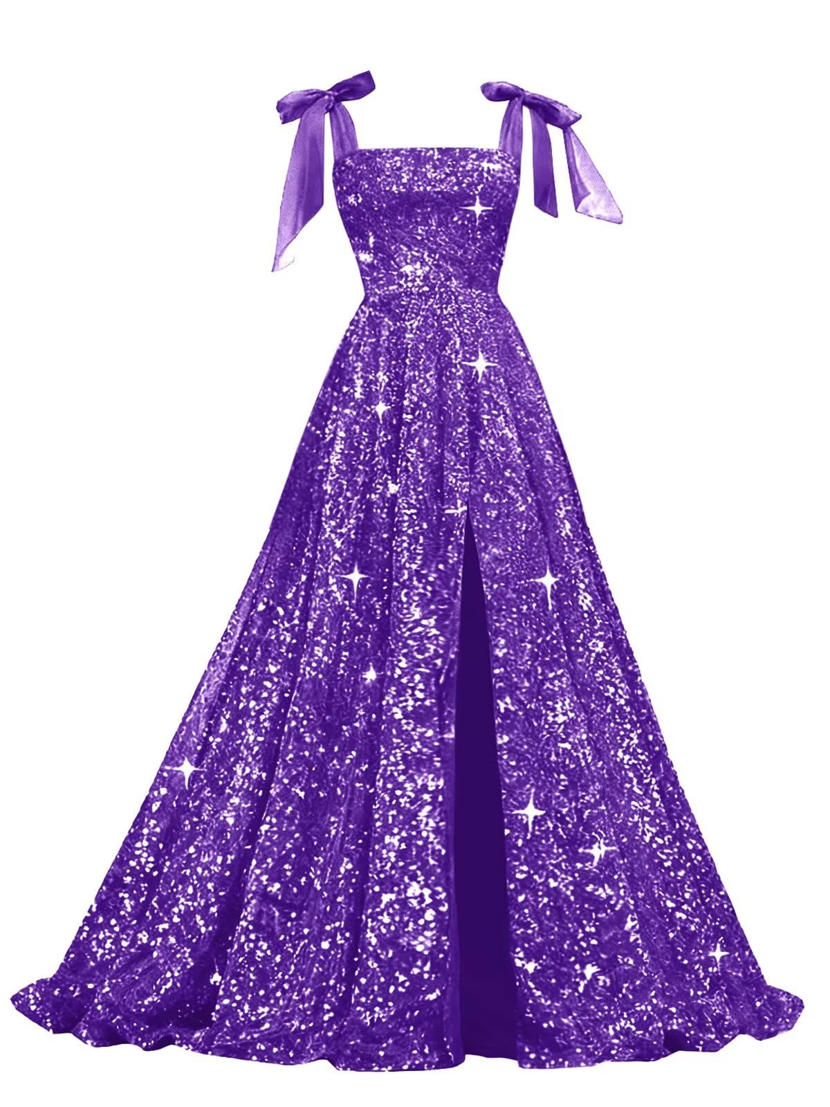 Bow Straps Prom Dresses 2026 Sparkly Sequin Square Neck Ruched Long Puffy Ball Gown Formal Dress with Slit Pockets