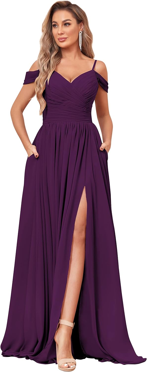 Women's Off Shoulder Bridesmaid Dress with Slit Chiffon Pleated Long Formal Dress