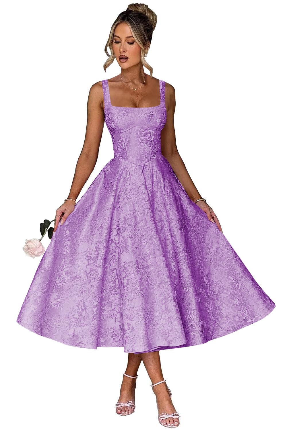 Floral Satin Jacquard Prom Dresses 2026 A-Line Tea Length Midi Square Neck Evening Party Gown with Pockets for Women