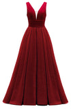 Glitter Satin Prom Dresses for Women Long V Neck A-Line Pleated Formal Evening Party Gowns with Pockets