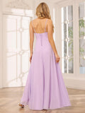 Vestidos de dama de honor largos de gasa con tirantes finos y bolsillos, vestidos formales con volantes y abertura para mujer 