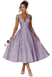 V Neck Tea Length Prom Dress for Women Satin Evening Party Gown A Line Cocktail Dress