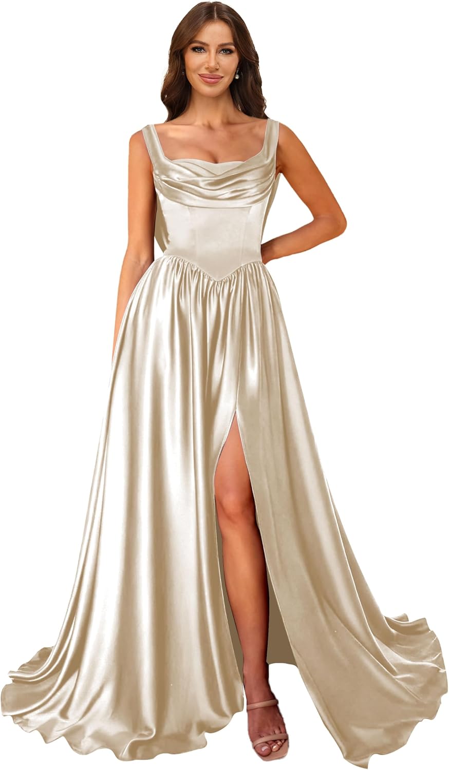 Cowl Neck Satin Prom Dresses Corset Ball Gown Long Puffy A-Line Formal Evening Gown with Slit