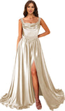 Cowl Neck Satin Prom Dresses Corset Ball Gown Long Puffy A-Line Formal Evening Gown with Slit