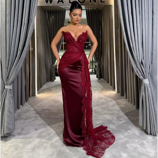 Mermaid Prom Dresses for Women 2027 Long Strapless Satin Lace Formal Dress Pleated Evening Party Gowns