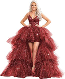 Puffy Sequins Tulle High-Low Prom Dresses for Women 2027, Glitter V Neck Formal Ball Gown Wedding Party Dress