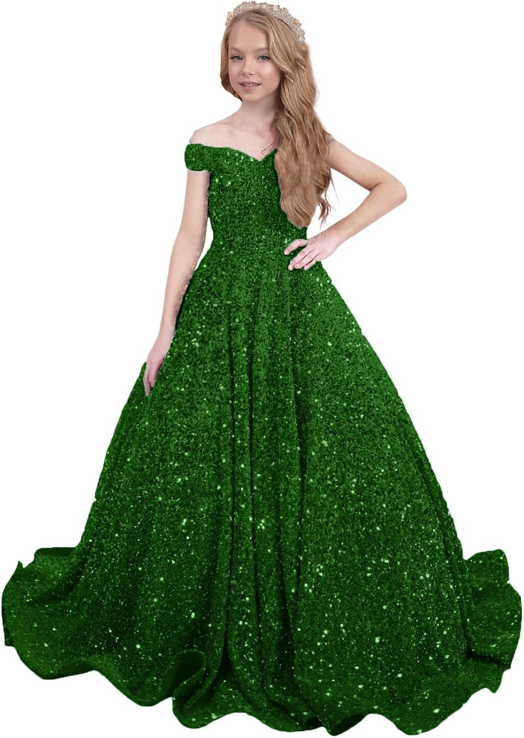 Ball Gown Sequin Pageant Dress for Teens Girls Off Shoulder Long Formal Party Dresses 2027
