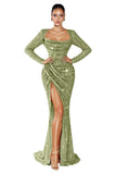 Mermaid Sequin Prom Dresses for Women 2026 Long Sleeve Ruched Formal Dress with Slit Sparkly Evening Party Gowns