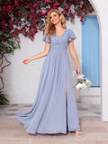 Flutter Sleeves Split Bridesmaid Dresses with Slit Long V Neck Empire Waist Formal Dress for Women Wedding