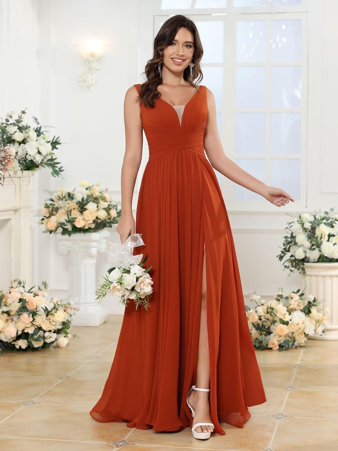 Vestidos de dama de honor sencillos de gasa para mujer con bolsillos, vestidos formales largos con escote en V y abertura 