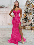 Sparkly Sequin Prom Dresses for Teens 2026 V Neck Glitter Applique Mermaid Formal Evening Gown with Slit
