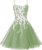 Sparkly Lace Applique Homecoming Dresses for Teens Short Corset Tulle Spaghetti Strap Prom Cocktail Party Dress
