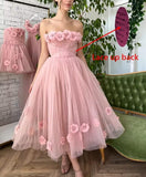 Women's 3D Flower Off Shoulder Tea Length Whimsical Prom Dress, A Line Strapless Tulle Formal Evening Party Gown