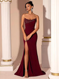 Mermaid Satin Prom Dresses for Women Strapless Sequin Formal Dress 2027 Pleated Evening Party Gowns with Slit