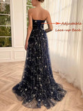 Women's Sparkle Starry Tulle Prom Dresses Strapless Long Formal Evening Party Gowns with Slit