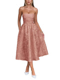 Satin Floral Jacquard Prom Dress for Women Strapless Corset Tea Length Formal Cocktail Evening Gowns