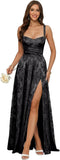 Jacquard Satin Prom Dresses with Slit Spaghetti Straps A Line Maxi Long Formal Evening Dress Party Gowns