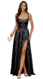 Jacquard Satin Prom Dresses with Slit Spaghetti Straps A Line Maxi Long Formal Dress