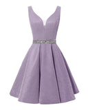 Satin Glitter Homecoming Dresses for Teens Short Prom Dress V-Neck Beaded Evening Formal Cocktail Party Gowns