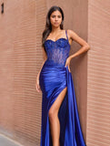Lace Satin Prom Dresses for Women 2026 Long Mermaid Spaghetti Straps Corset Formal Evening Party Dress with Slit