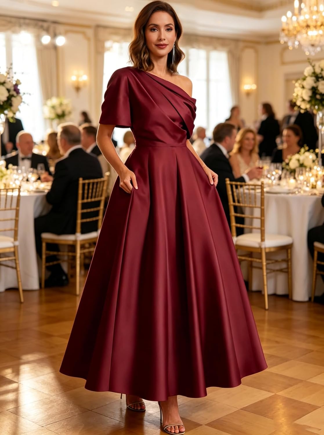 Kingbridal Satin Mother of The Bride Dresses for Women Tea Length Formal Dress One Shoulder Evening Party Gowns with Pockets