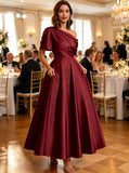 Kingbridal Satin Mother of The Bride Dresses for Women Tea Length Formal Dress One Shoulder Evening Party Gowns with Pockets