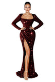 Mermaid Sequin Prom Dresses for Women 2026 Long Sleeve Ruched Formal Dress with Slit Sparkly Evening Party Gowns