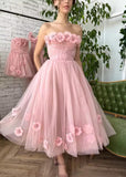 Women's 3D Flower Off Shoulder Tea Length Whimsical Prom Dress, A Line Strapless Tulle Formal Evening Party Gown