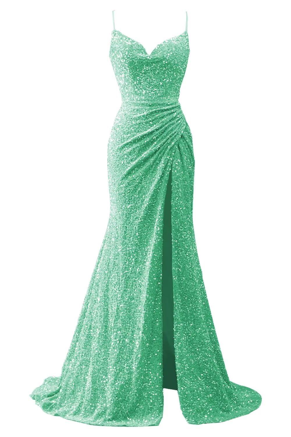 Spaghetti Straps Sequin Prom Dresses for Women 2027 Mermaid Ruched Formal Dress with Slit Sparkly Evening Party Gown