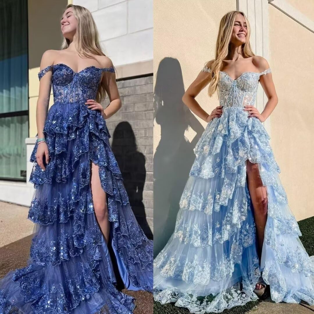 Vestido de fiesta de tul con encaje y capas, tirantes finos y abertura larga, corsé brillante, vestidos formales de fiesta de noche 