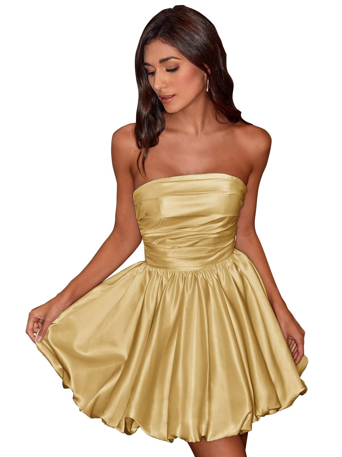 Short Satin A-Line Ruched Homecoming Dresses for Teens Strapless Ruched Mini Formal Cocktail Party Dress