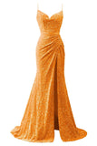 Spaghetti Straps Sequin Prom Dresses for Women 2027 Mermaid Ruched Formal Dress with Slit Sparkly Evening Party Gown