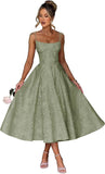 Jacquard Floral Satin Prom Dresses for Women 2026 Spaghetti Straps A-Line Midi Formal Evening Party Gown with Pockets