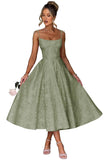 Jacquard Floral Satin Prom Dresses for Women 2026 Spaghetti Straps A-Line Midi Formal Evening Party Gown with Pockets