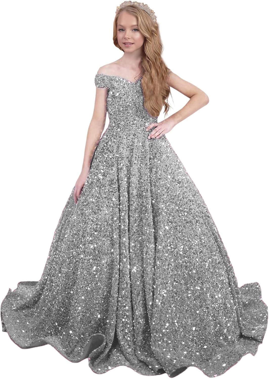 Ball Gown Sequin Pageant Dress for Teens Flower Girl Dress Girls Off Shoulder Long Formal Party Dresses 2027