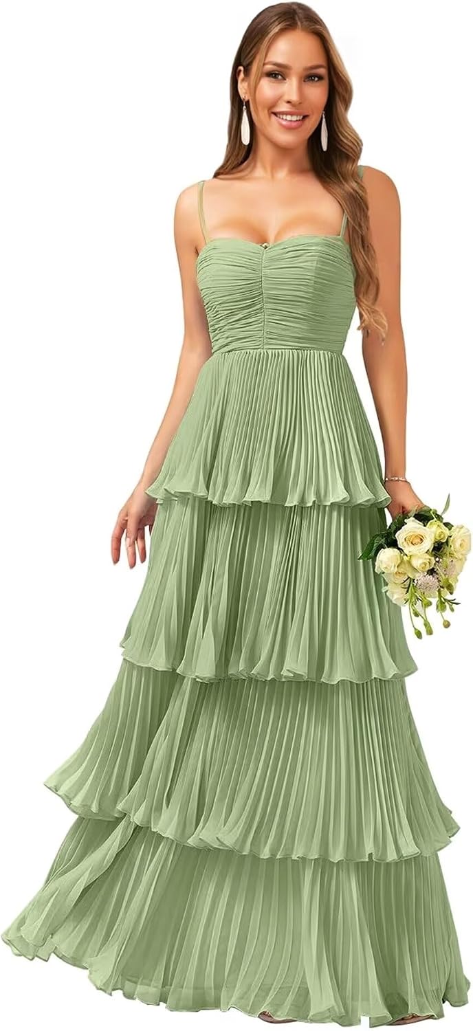 Tiered Ruffle Bridesmaid Dresses for Women Spaghetti Straps Long Chiffon Formal Evening Prom Gowns